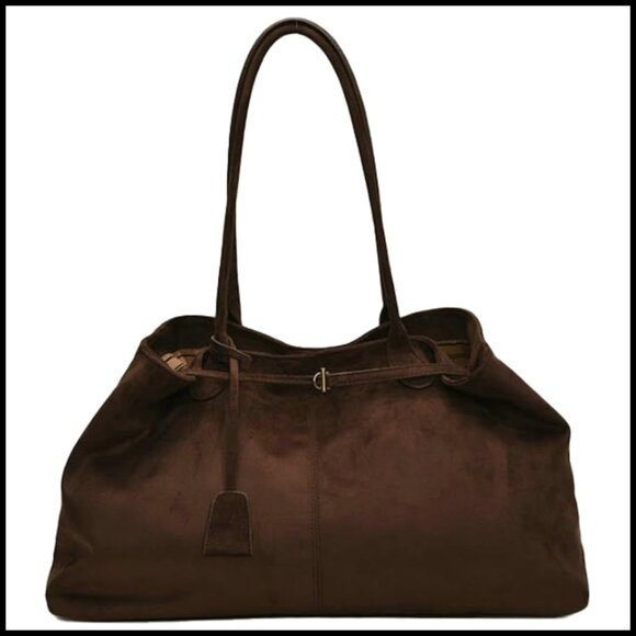 Handbags - Oversized Suede Hobo Tote Elegant Slouchy Shoulder Bag Minimal Chic Retro